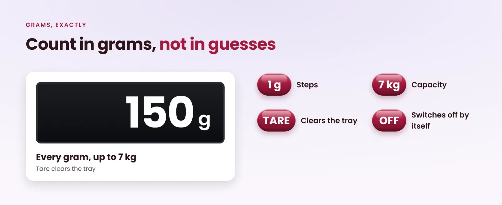 Food weighing scale counts every gram up to 7 kg, tare clears the tray