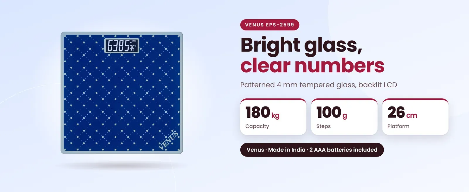 Venus EPS-2599 glass bathroom scale: Patterned 4 mm tempered glass, backlit LCD