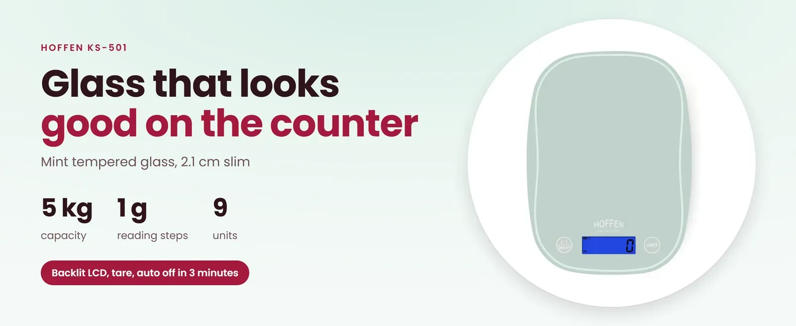 Hoffen KS-501 glass kitchen scale: 5 kg in 1 g steps, mint tempered glass, 9 units and backlit LCD