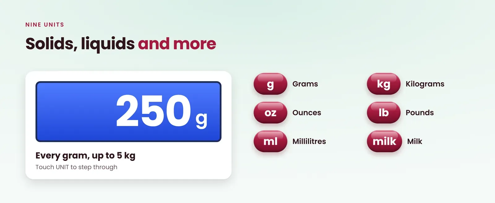 Glass kitchen scale nine units including grams, kilograms, ounces, pounds, millilitres and milk