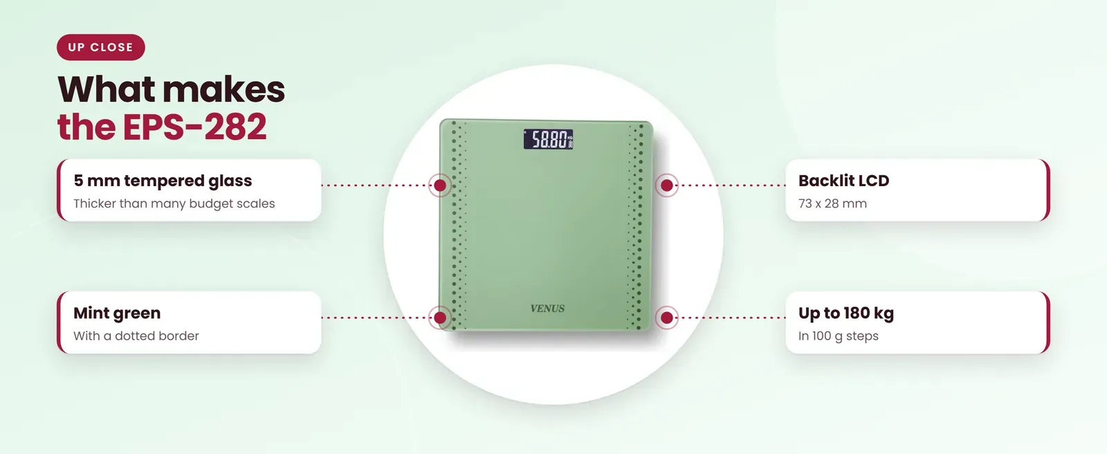 Venus EPS-282 glass weighing scale: 5 mm tempered glass, mint green, backlit lcd, up to 180 kg