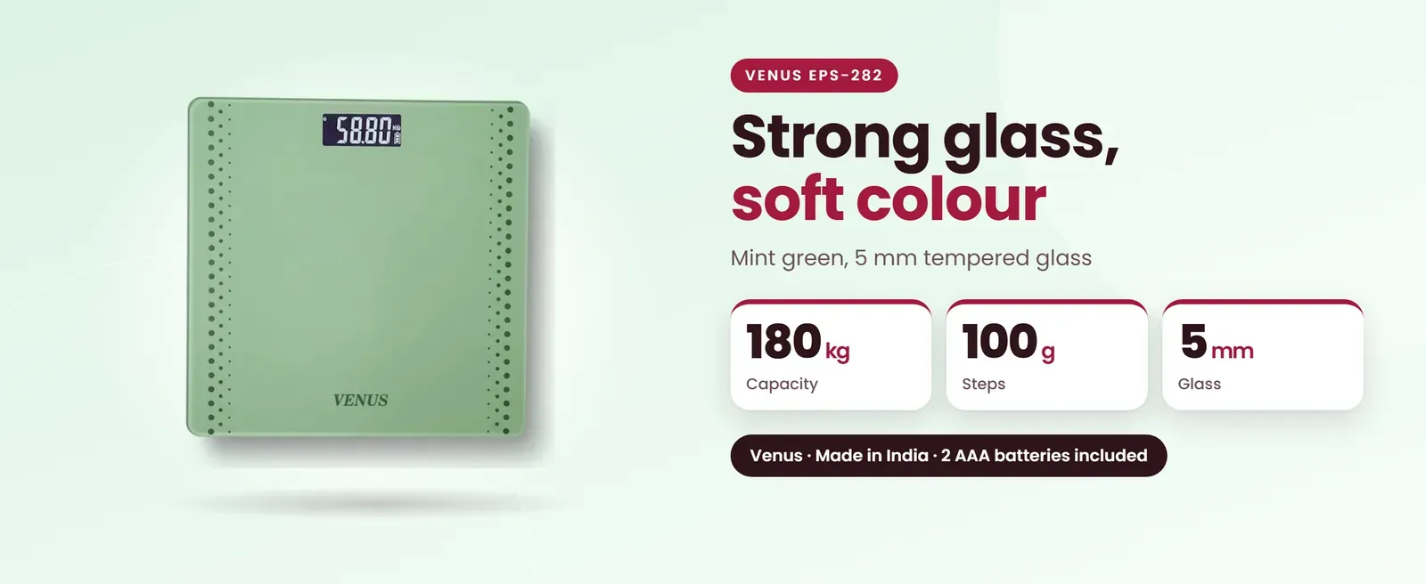 Venus EPS-282 glass weighing scale: Mint green, 5 mm tempered glass