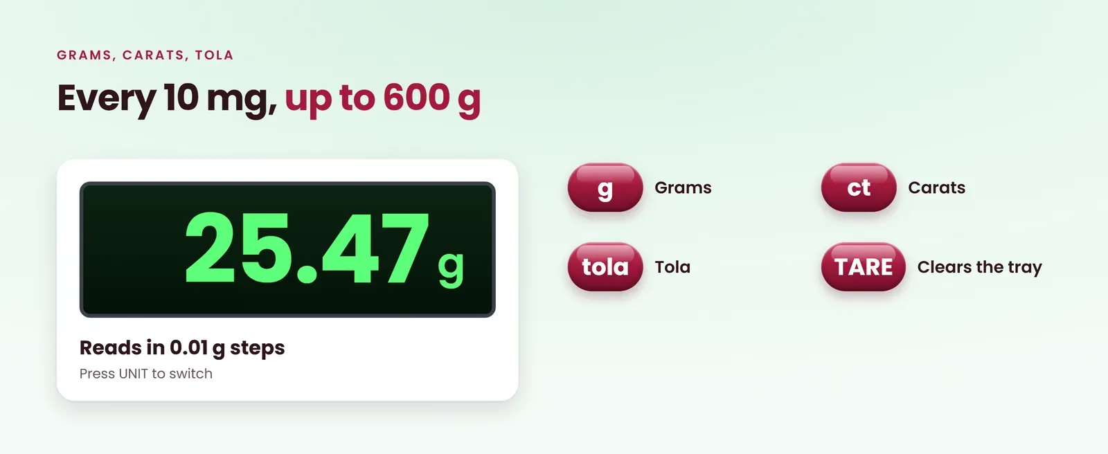 Gold weighing scale reads grams, carats and tola in 0.01 g steps up to 600 g