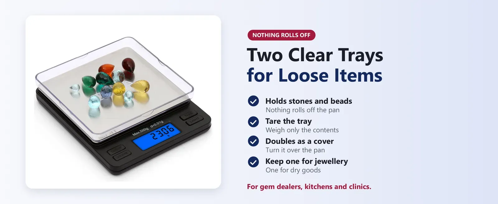 Gram weighing machine with two clear trays for loose stones, beads, powders and tea