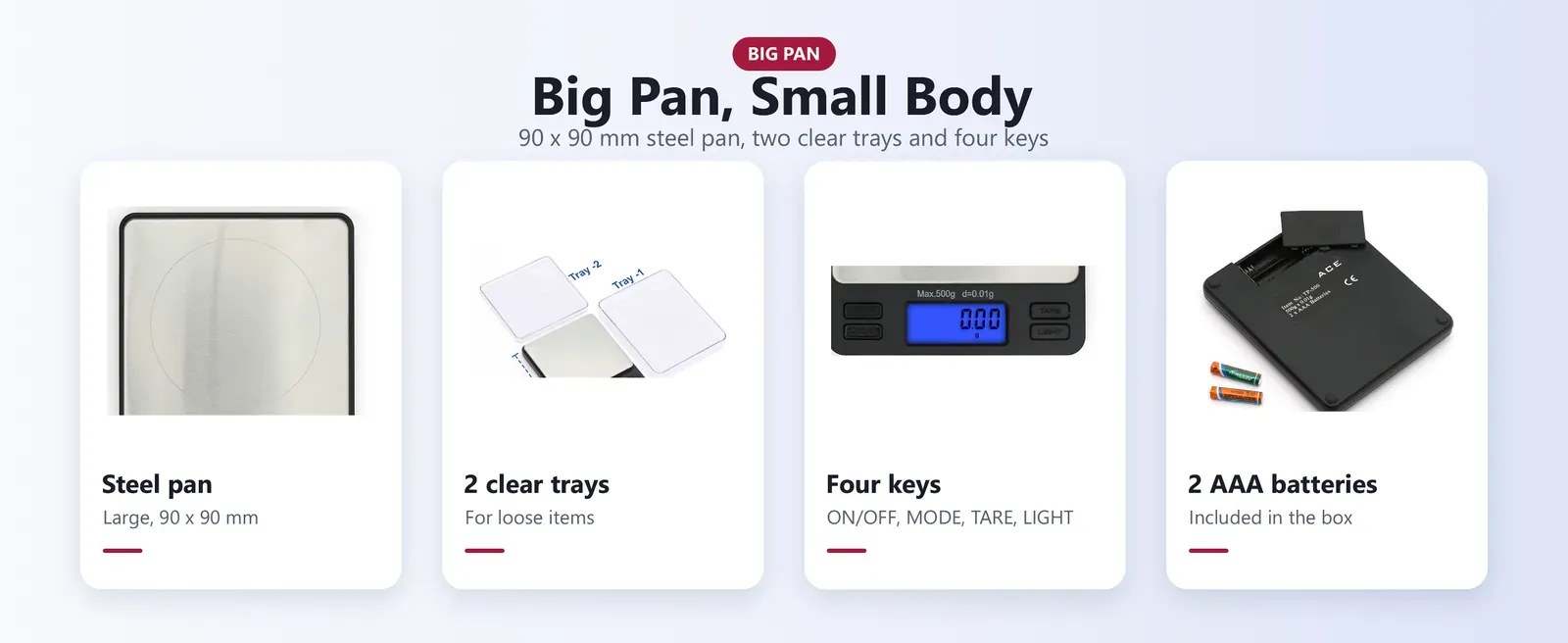 Gram weighing machine parts: 90 x 90 mm steel pan, two clear trays, four keys and AAA batteries
