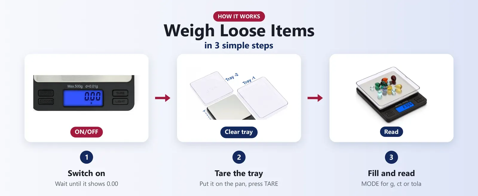 How to use a gram weighing machine: switch on, tare the clear tray, add the items and read