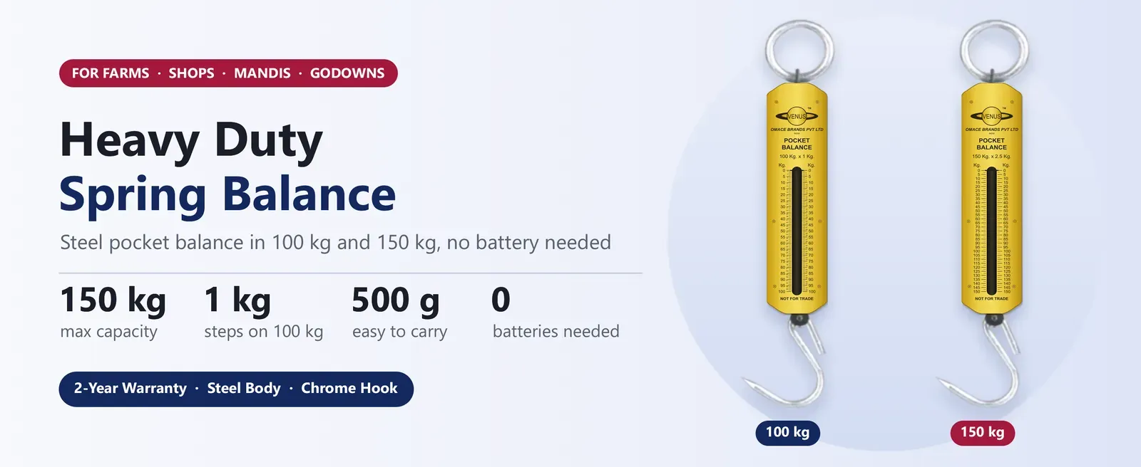 Venus PK heavy duty spring balance in 100 kg and 150 kg, steel pocket balance with ring and hook, no battery