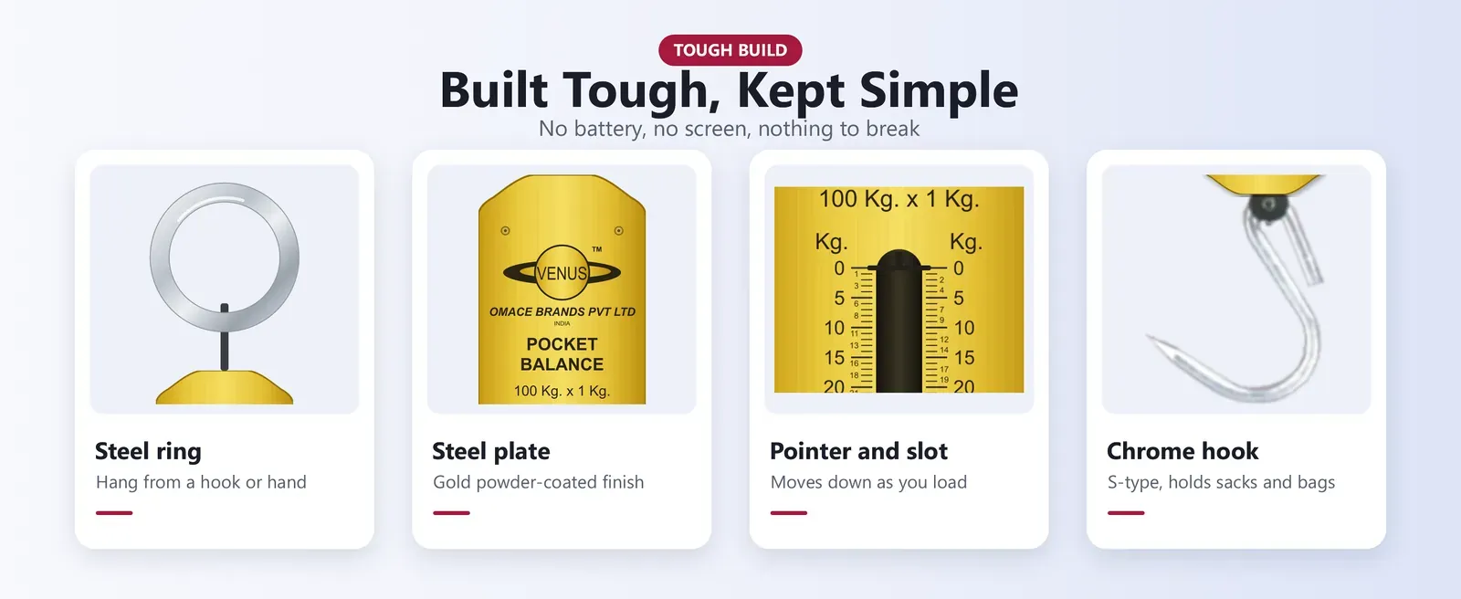 Venus PK spring balance parts: steel ring, gold powder-coated steel plate, pointer slot and chrome-plated S hook