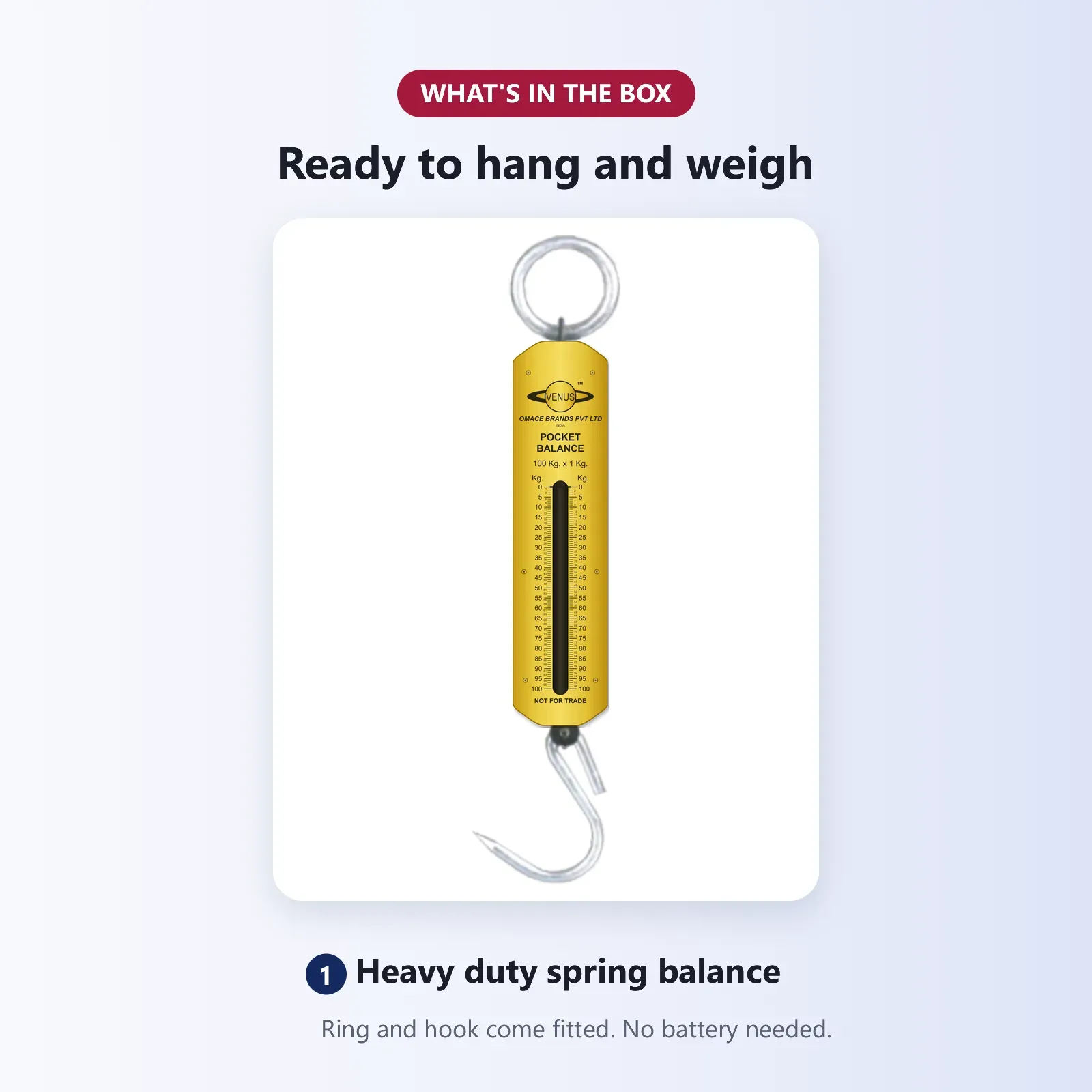 What's in the box: Venus PK heavy duty spring balance with ring and hook fitted
