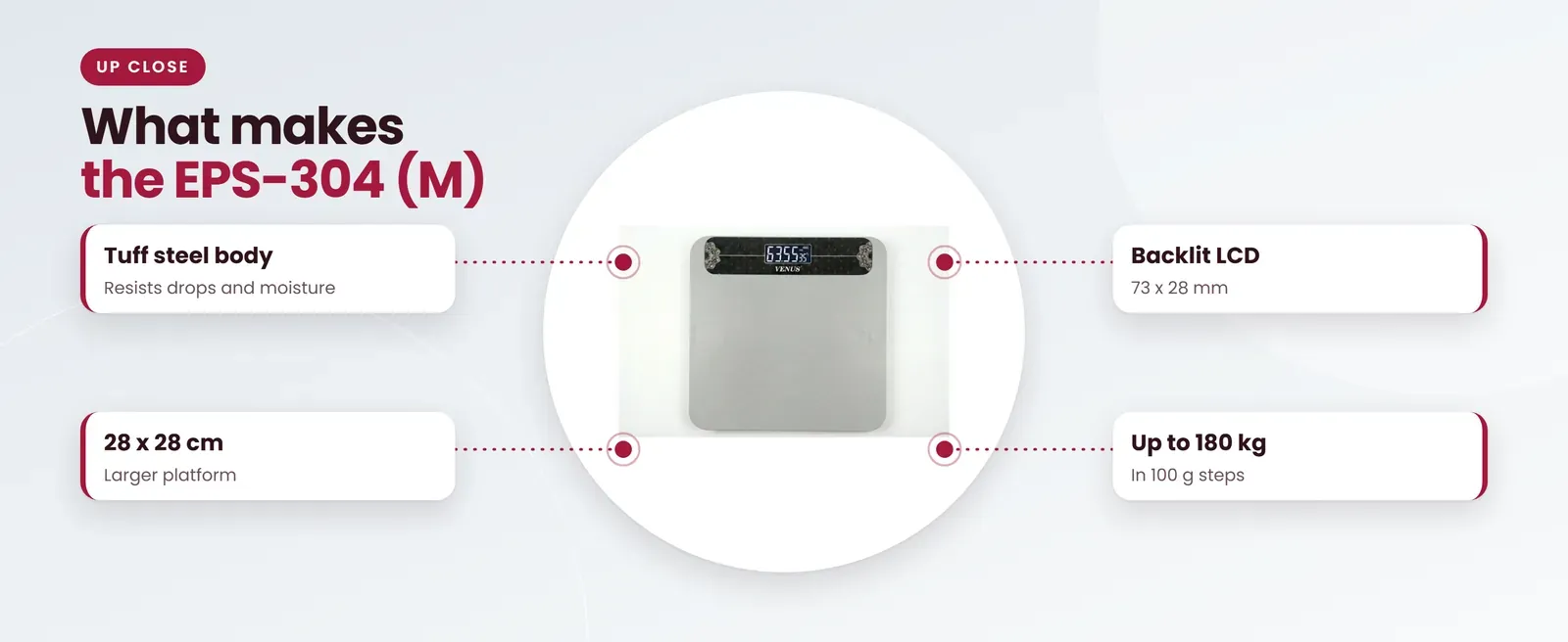 Venus EPS-304 (M) heavy duty weighing scale: tuff steel body, 28 x 28 cm, backlit lcd, up to 180 kg