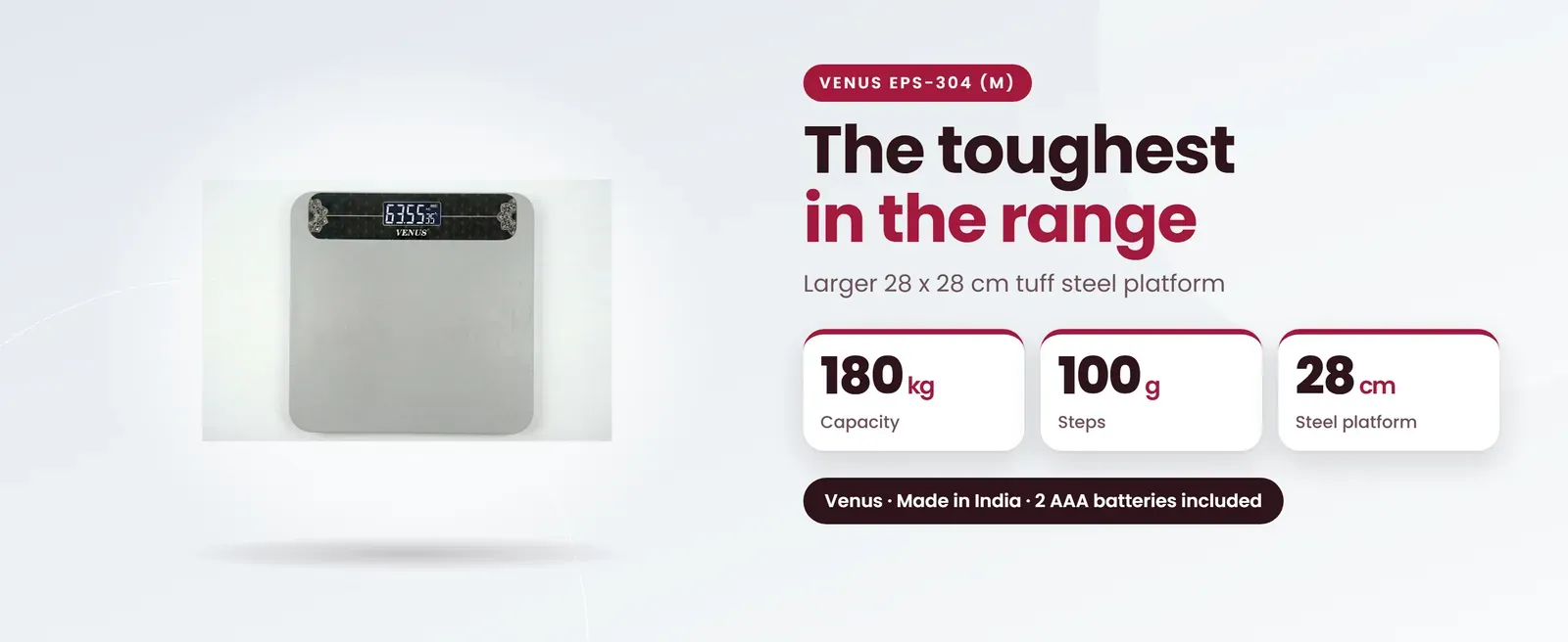 Venus EPS-304 (M) heavy duty weighing scale: Larger 28 x 28 cm tuff steel platform