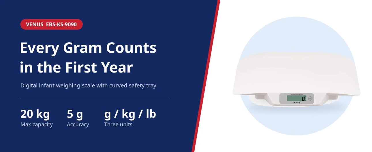 Venus EBS-KS-9090 Infant Weighing Scale Venus EBS-KS-9090 infant weighing scale with curved safety tray, 20 kg capacity, 5 g accuracy and g, kg, lb units