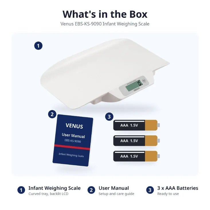 What's in the box: Venus EBS-KS-9090 infant weighing scale, user manual and 3 AAA batteries
