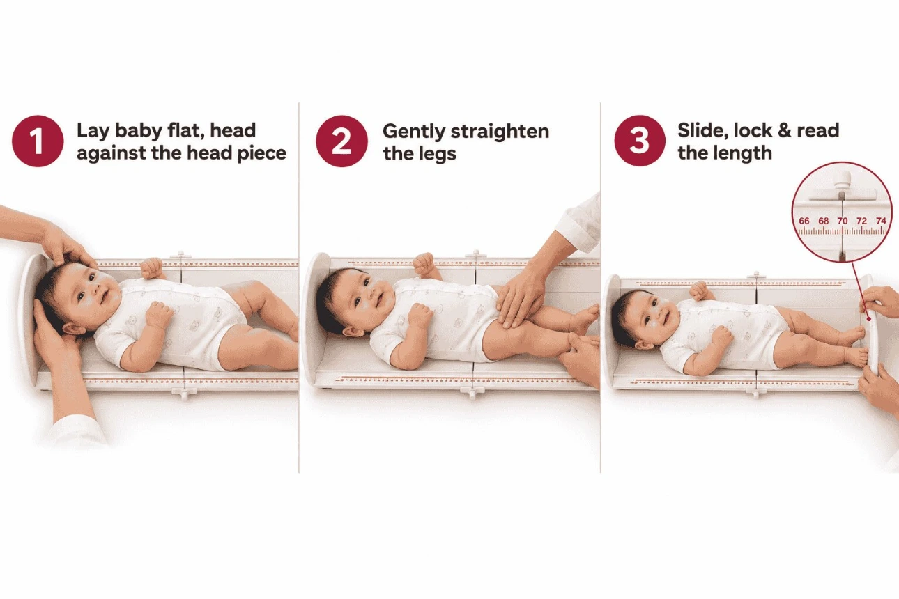 How to Measure Baby Length – 3 Easy Steps 3 steps to measure baby length with an infantometer: lay baby flat against head piece, straighten legs, slide and lock foot piece