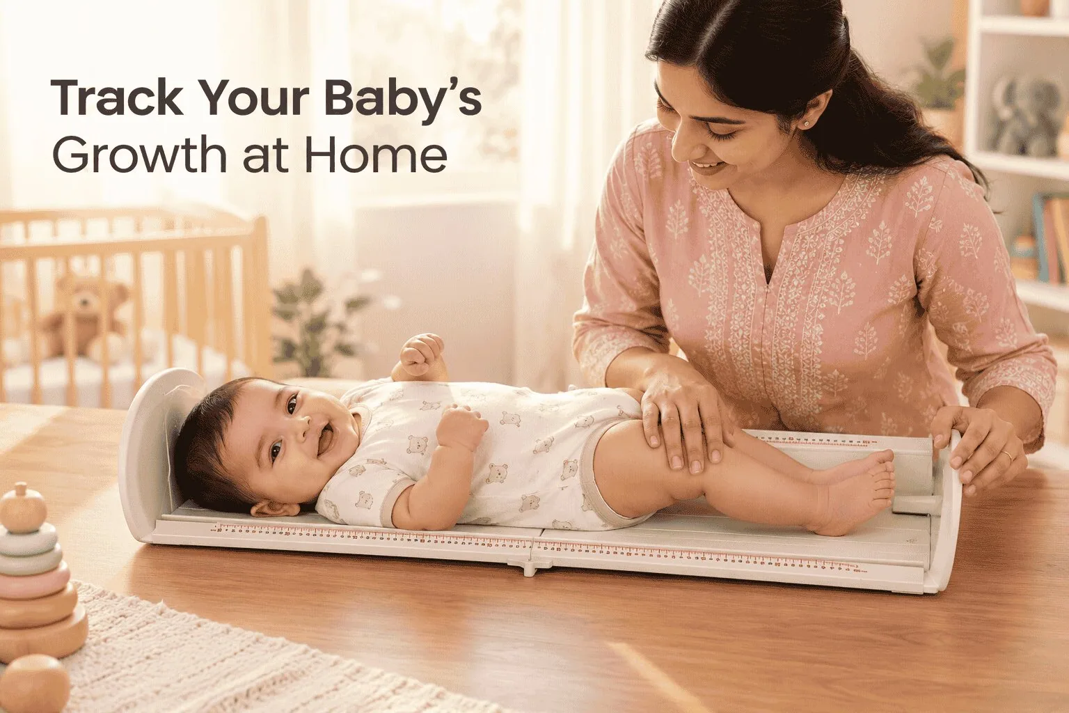 Track Your Baby's Growth at Home Mother measuring her baby's length at home on the ICDS-IFM infantometer, sliding the foot piece to the baby's heels