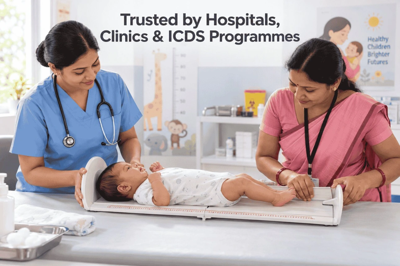 Infantometer for Hospitals, Clinics & ICDS Programmes Nurse and health worker measuring a newborn's length on the ICDS-IFM infantometer in a paediatric clinic