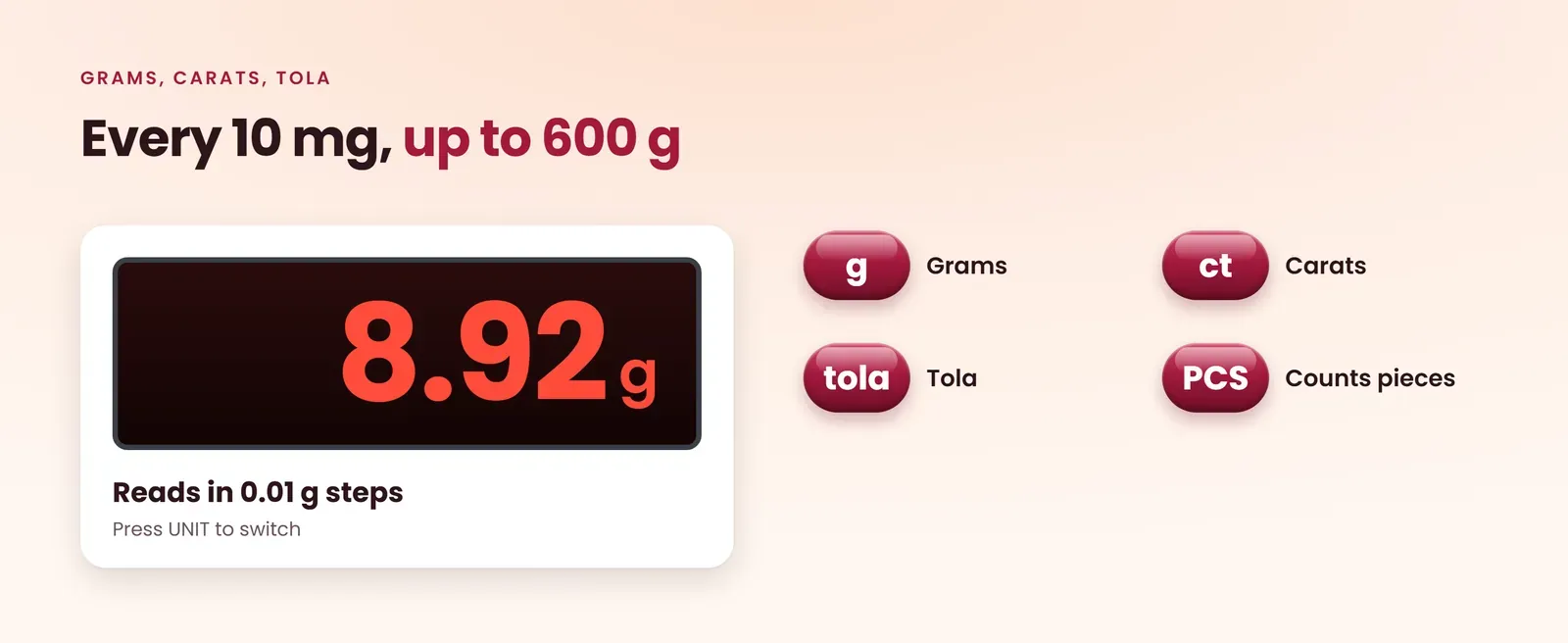 Jewellery scale reads grams, carats and tola in 0.01 g steps up to 600 g