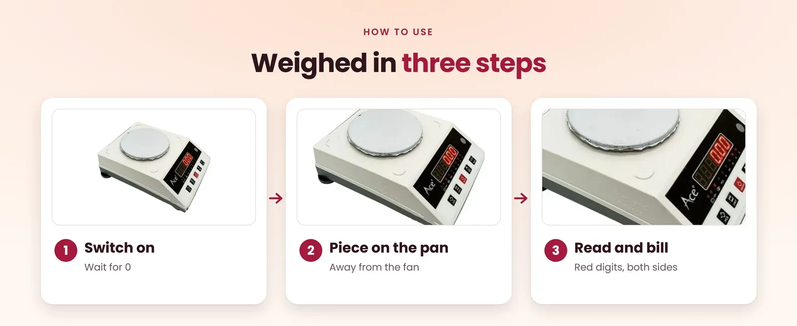 How to use the jewellery scale: switch on, put the piece on the pan, read and bill