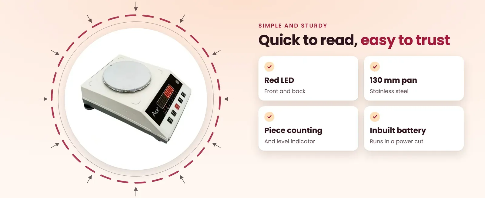 Jewellery scale features: red LED front and back, 130 mm steel pan, piece counting, inbuilt battery