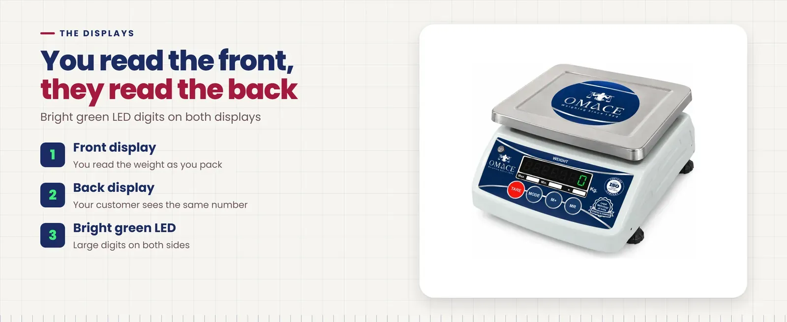 Omace Om-TT-ECO kirana weighing machine front and back displays