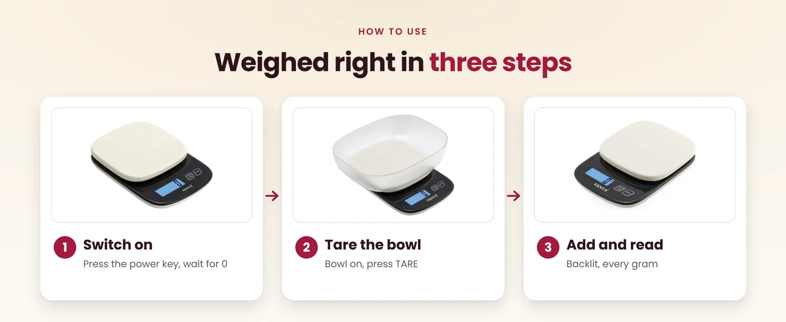 How to use the 10kg kitchen scale: switch on, tare the bowl, add and read