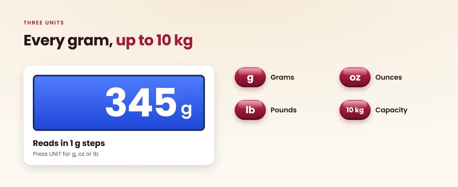 Kitchen scale 10kg reads grams, ounces and pounds in 1 g steps