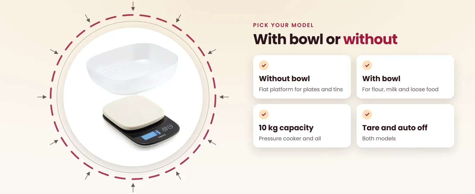 Kitchen scale 10kg models: without bowl for plates and tins, with bowl for flour and milk