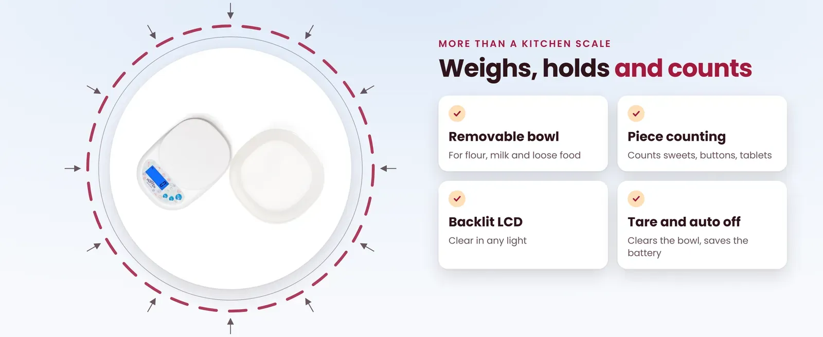 Kitchen weighing scale with bowl features: removable bowl, piece counting, backlit LCD, tare and auto off