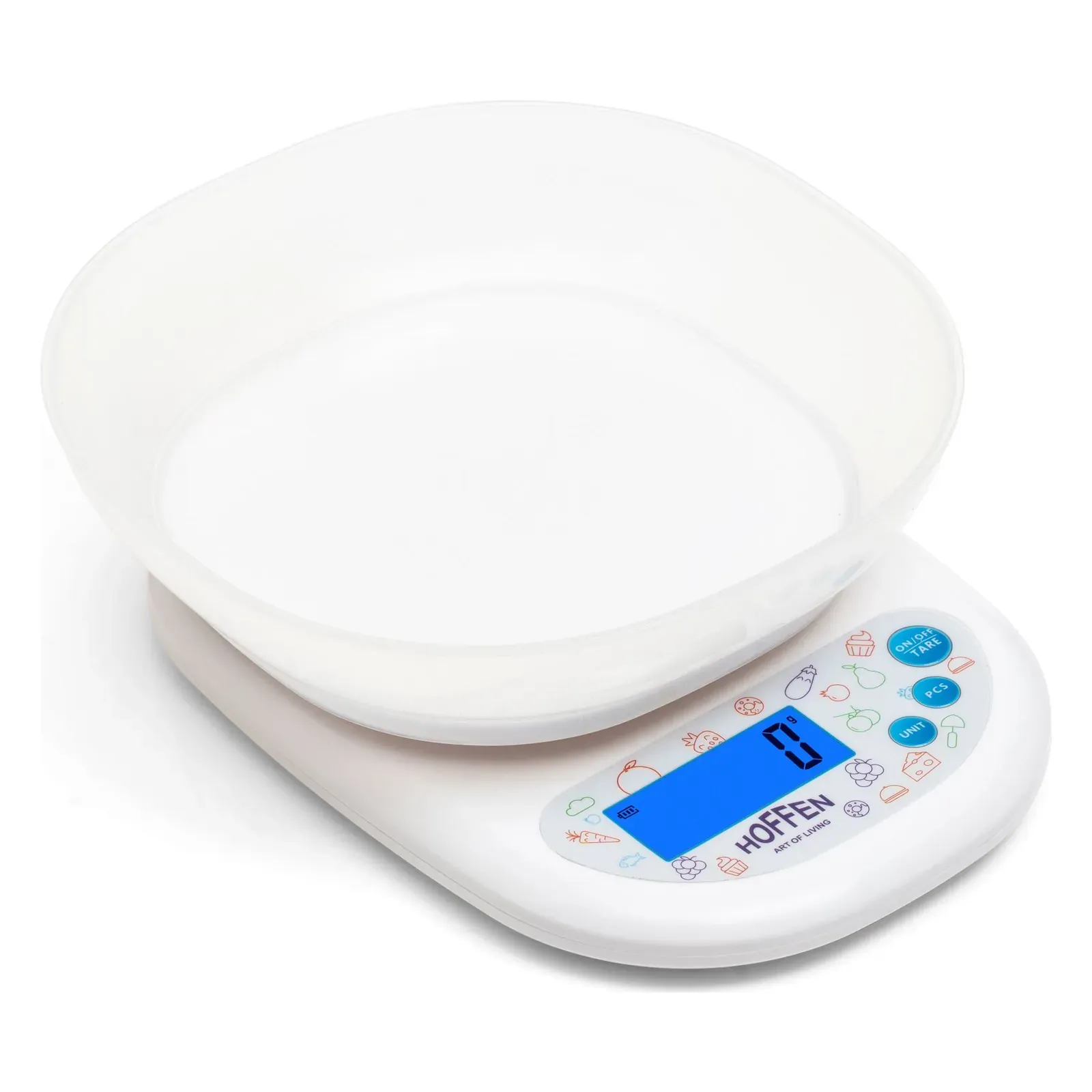 Hoffen KD-819 kitchen weighing scale with bowl, front view with bowl