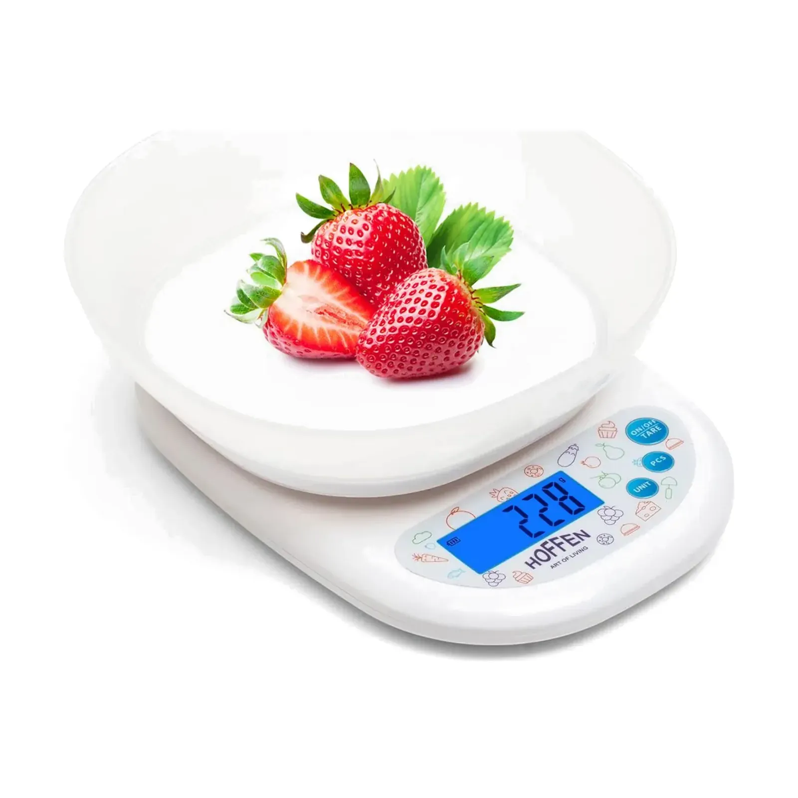 Hoffen KD-819 kitchen weighing scale with bowl, with bowl and strawberries