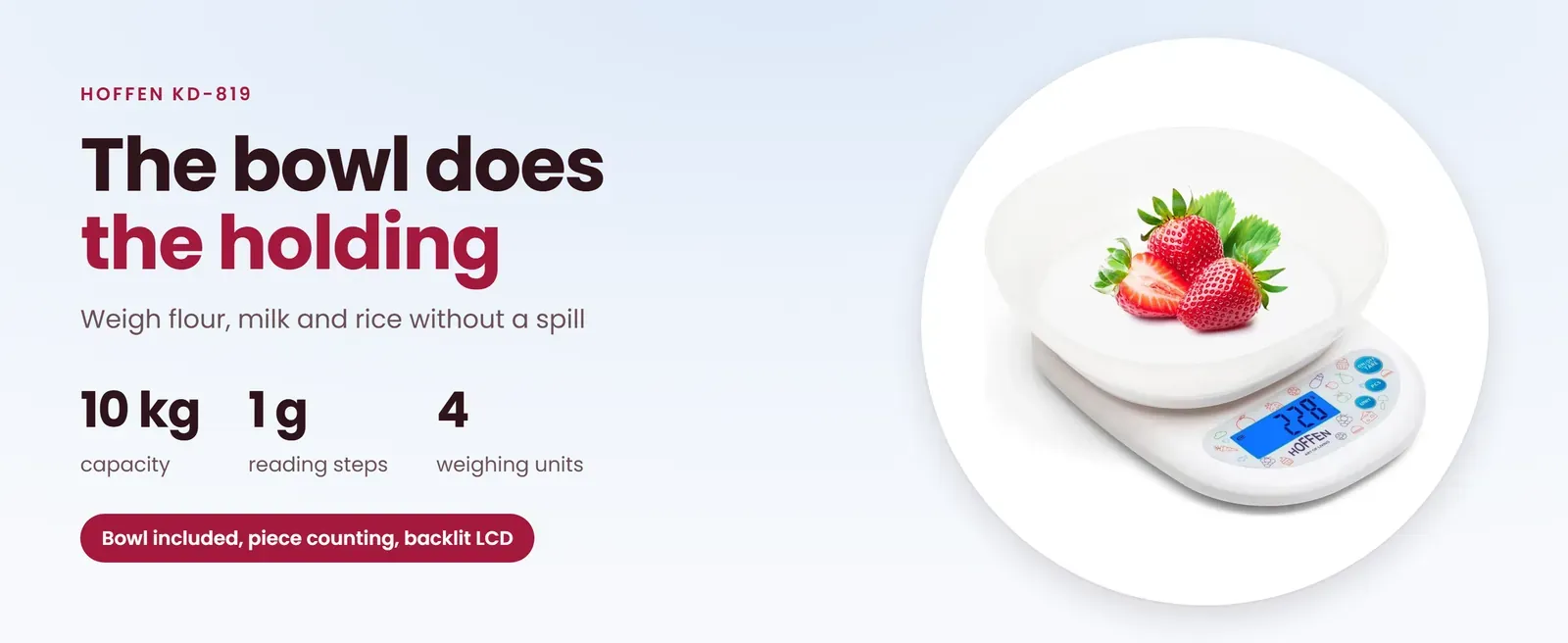 Hoffen KD-819 kitchen weighing scale with bowl: 10 kg in 1 g steps, removable bowl, piece counting and backlit LCD