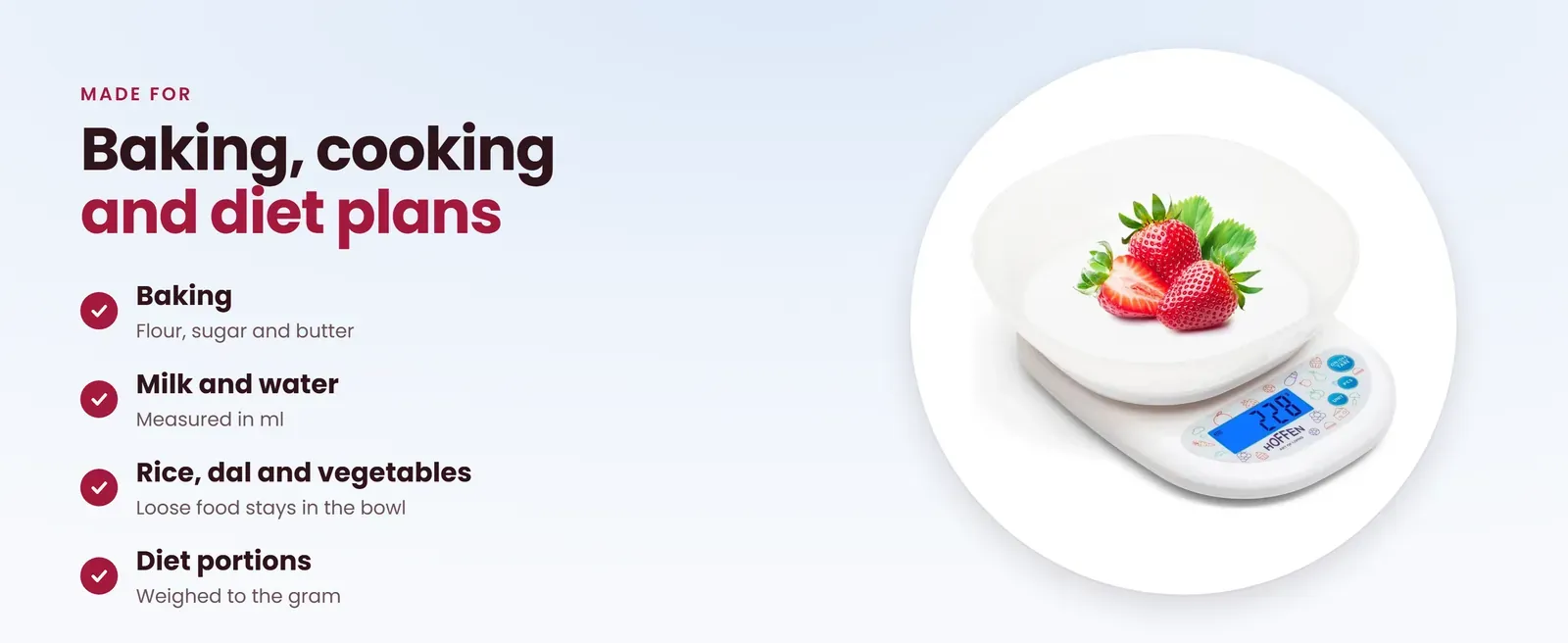 Kitchen weighing scale with bowl for baking, milk and water, rice and dal, and diet portions