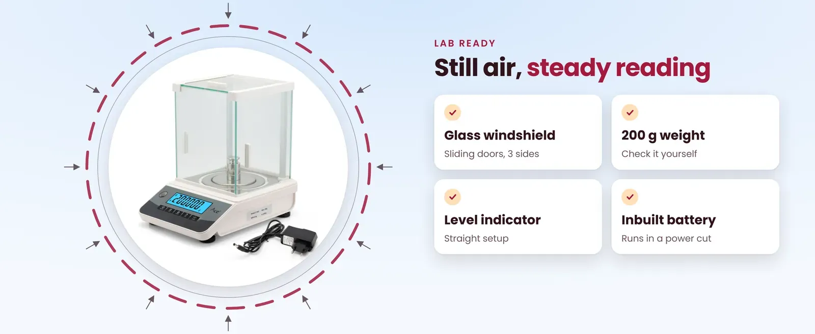 Lab weighing balance features: glass windshield, 200 g calibration weight, level indicator, inbuilt battery