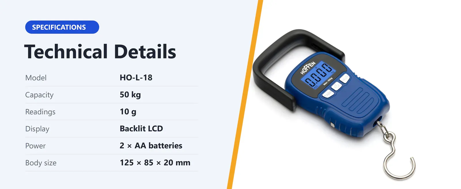 Hoffen HO-L-18 technical details: 50 kg capacity, 10 g readings, backlit LCD, 2 AA batteries, 125 x 85 x 20 mm