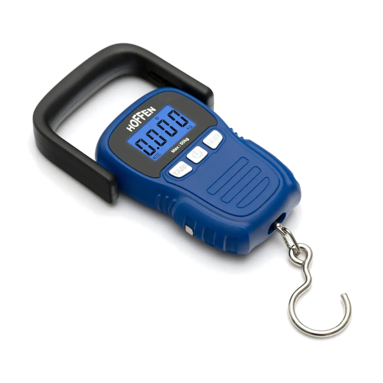 Hoffen HO-L-18 luggage measuring scale, 50 kg, with backlit LCD, TARE and UNIT buttons and chrome S-hook