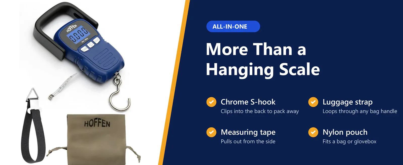 Hoffen HO-L-18 with chrome S-hook, pull-out measuring tape, luggage strap and nylon pouch