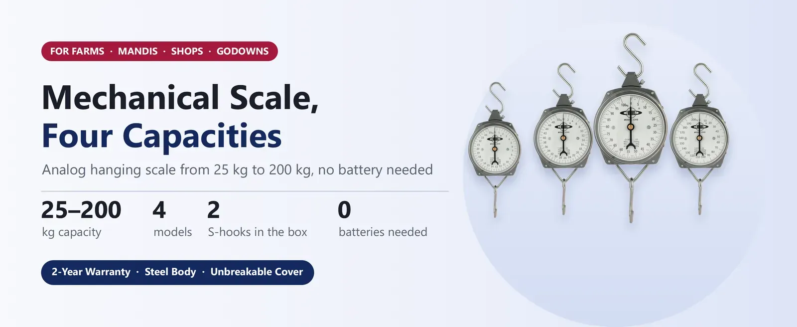 Venus CHS mechanical hanging scale with analog display in 25, 50, 100 and 200 kg, no battery needed