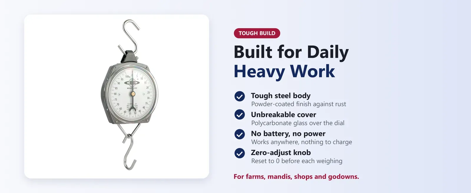 Venus CHS mechanical hanging scale with steel body, unbreakable polycarbonate cover, zero-adjust knob and no battery