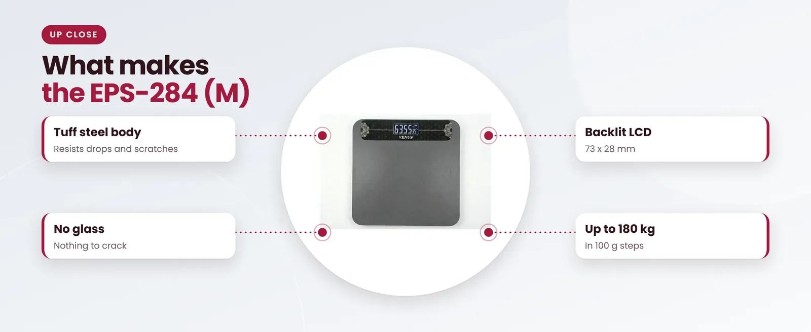Venus EPS-284 (M) metal body weighing scale: tuff steel body, no glass, backlit lcd, up to 180 kg