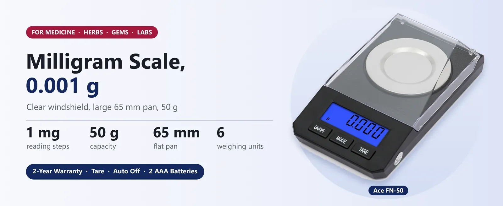 Ace FN-50 milligram scale reading 0.001 g up to 50 g with clear windshield and large flat pan
