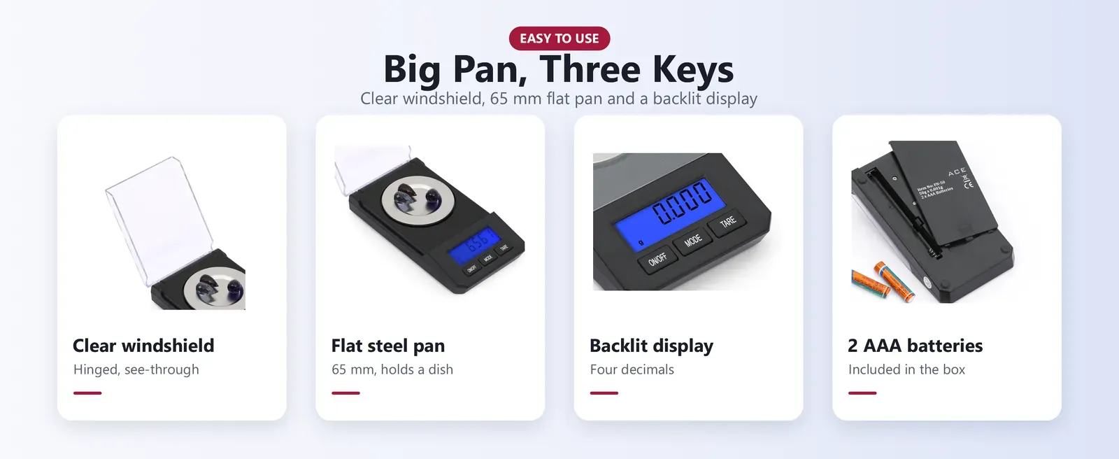 Milligram scale parts: clear windshield, 65 mm flat steel pan, backlit display and AAA batteries