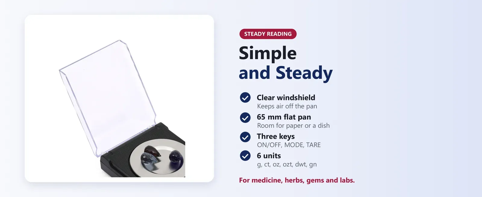 Milligram scale with clear hinged windshield for a steady 1 mg reading