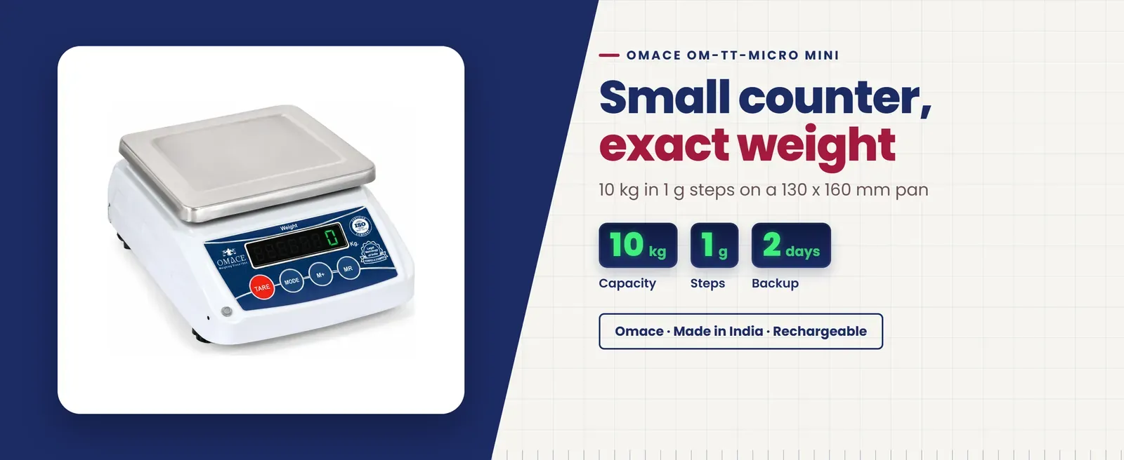 Omace Om-TT-Micro Mini mini weighing machine: 10 kg in 1 g steps on a 130 x 160 mm pan