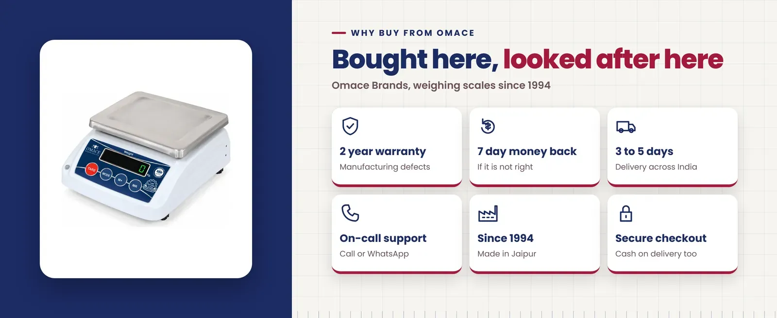 Why buy the Omace Om-TT-Micro Mini mini weighing machine from Omace: 2 year warranty, 7 day money back, 3 to 5 day delivery, on-call support