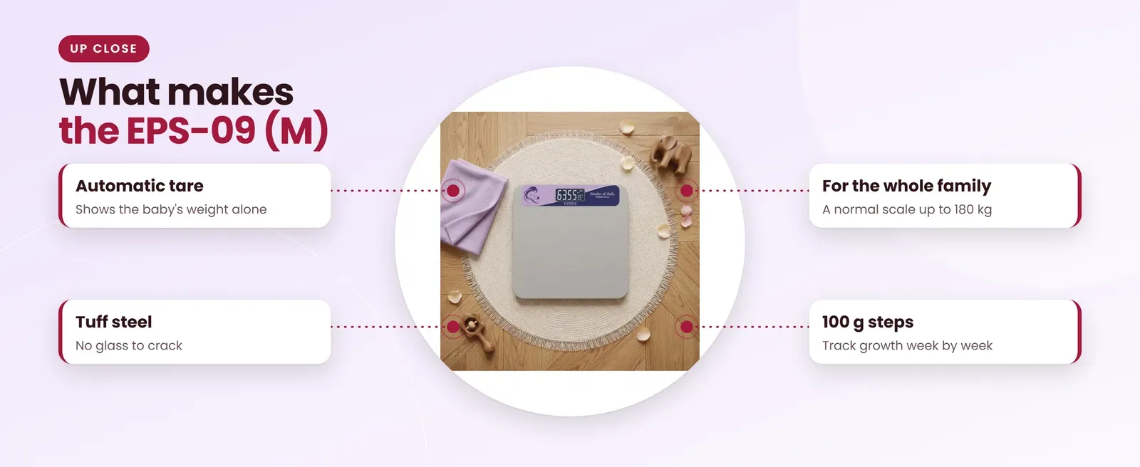 Venus EPS-09 (M) mother and baby weight machine: automatic tare, tuff steel, for the whole family, 100 g steps