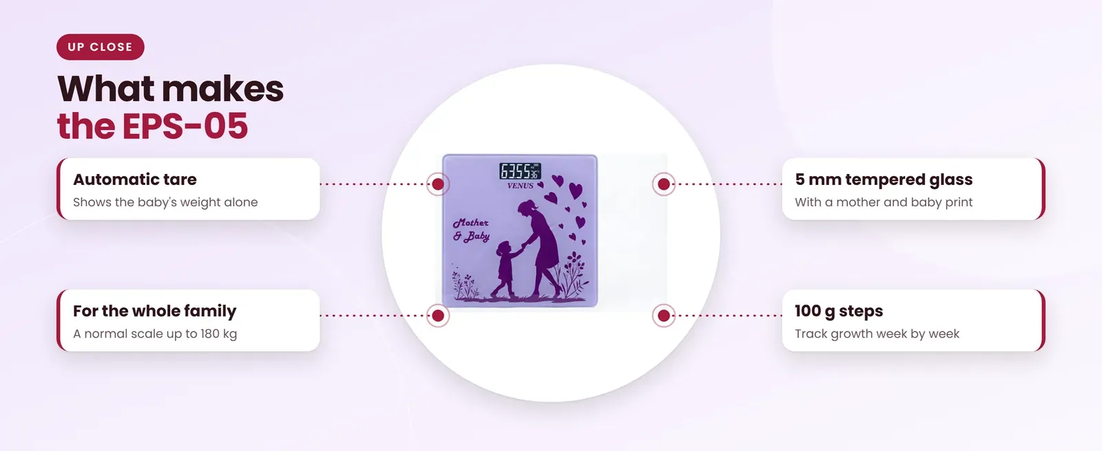 Venus EPS-05 mother and child weighing scale: automatic tare, for the whole family, 5 mm tempered glass, 100 g steps
