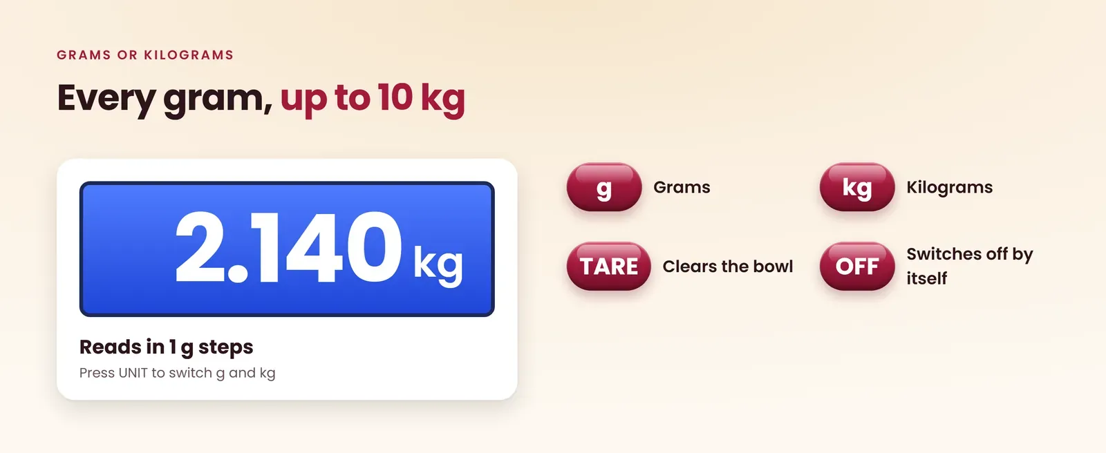 Multipurpose weighing scale reads every gram up to 10 kg and switches between grams and kilograms