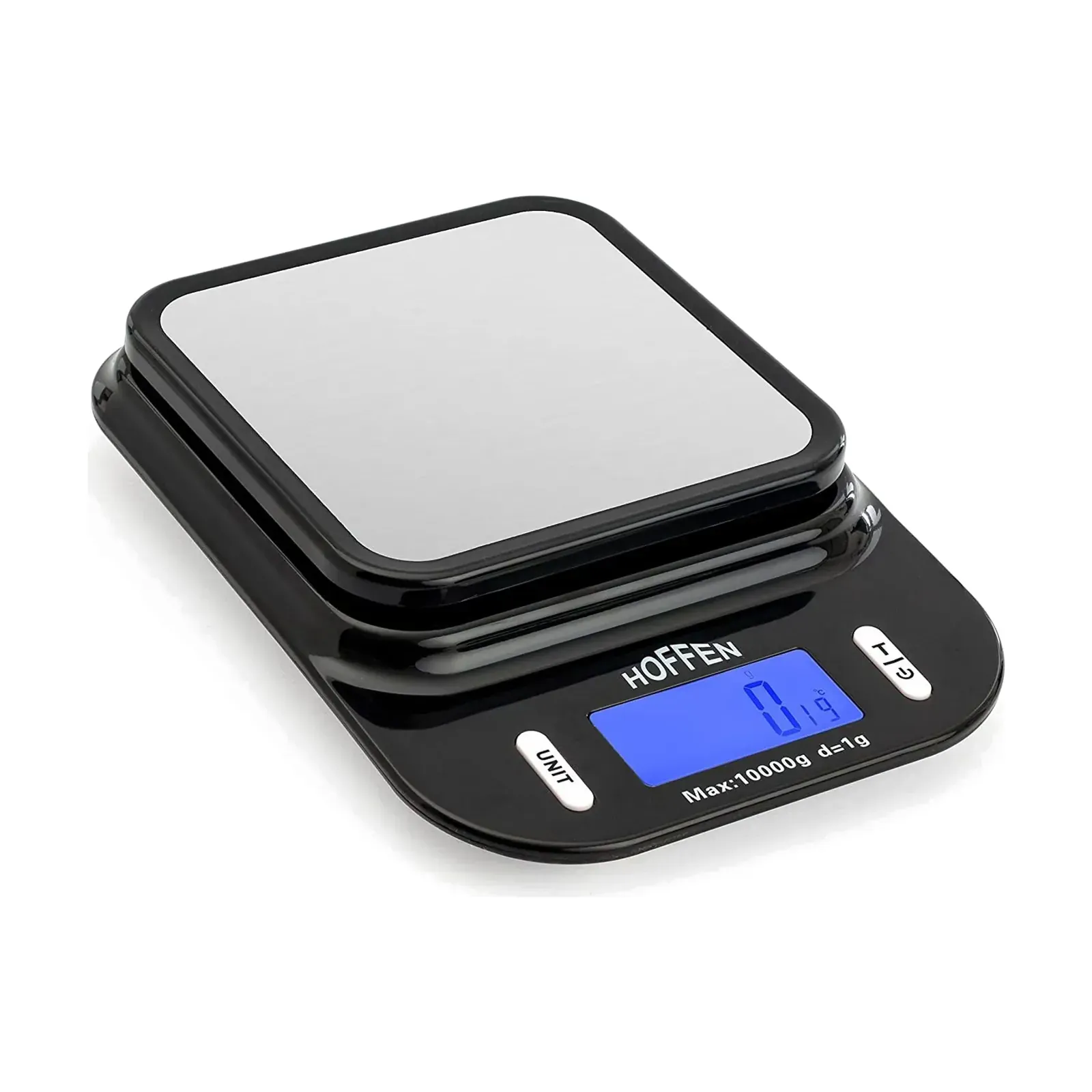 Hoffen KD-401 multipurpose weighing scale, angled view with blue backlit display