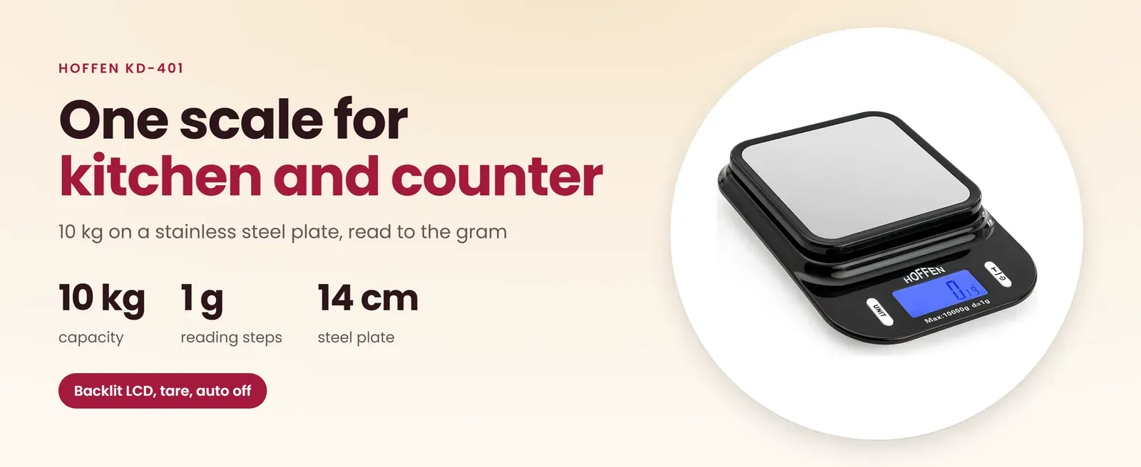Hoffen KD-401 multipurpose weighing scale: 10 kg in 1 g steps on a 14 cm stainless steel plate, backlit LCD, tare and auto off