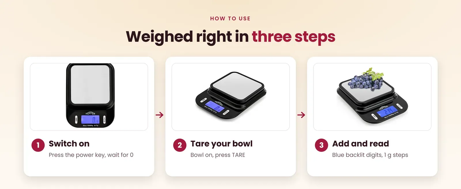 How to use the multipurpose weighing scale: switch on, tare your bowl, add and read